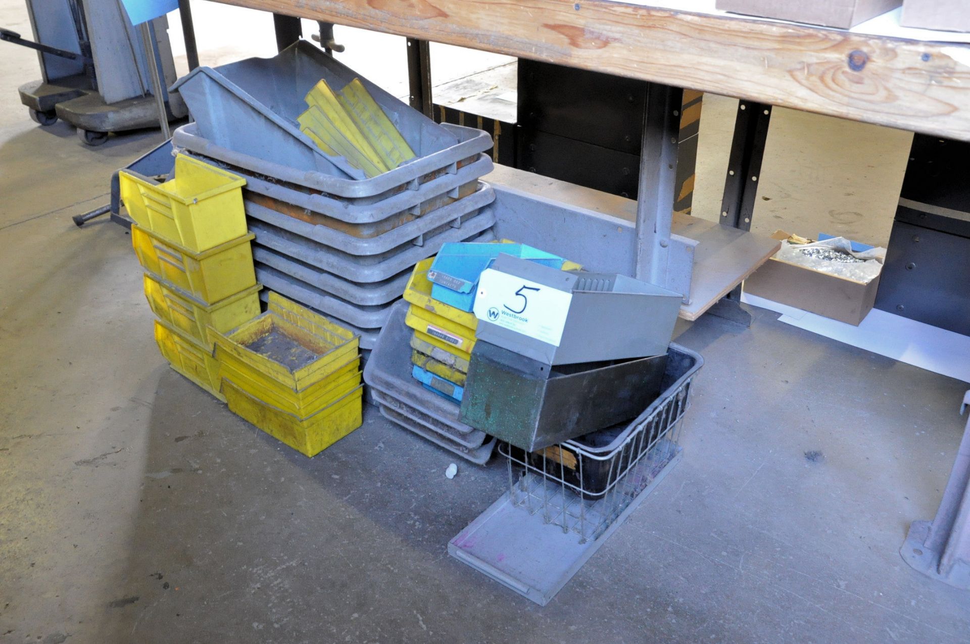 Lot-Plastic and Steel Totes Under (1) Table