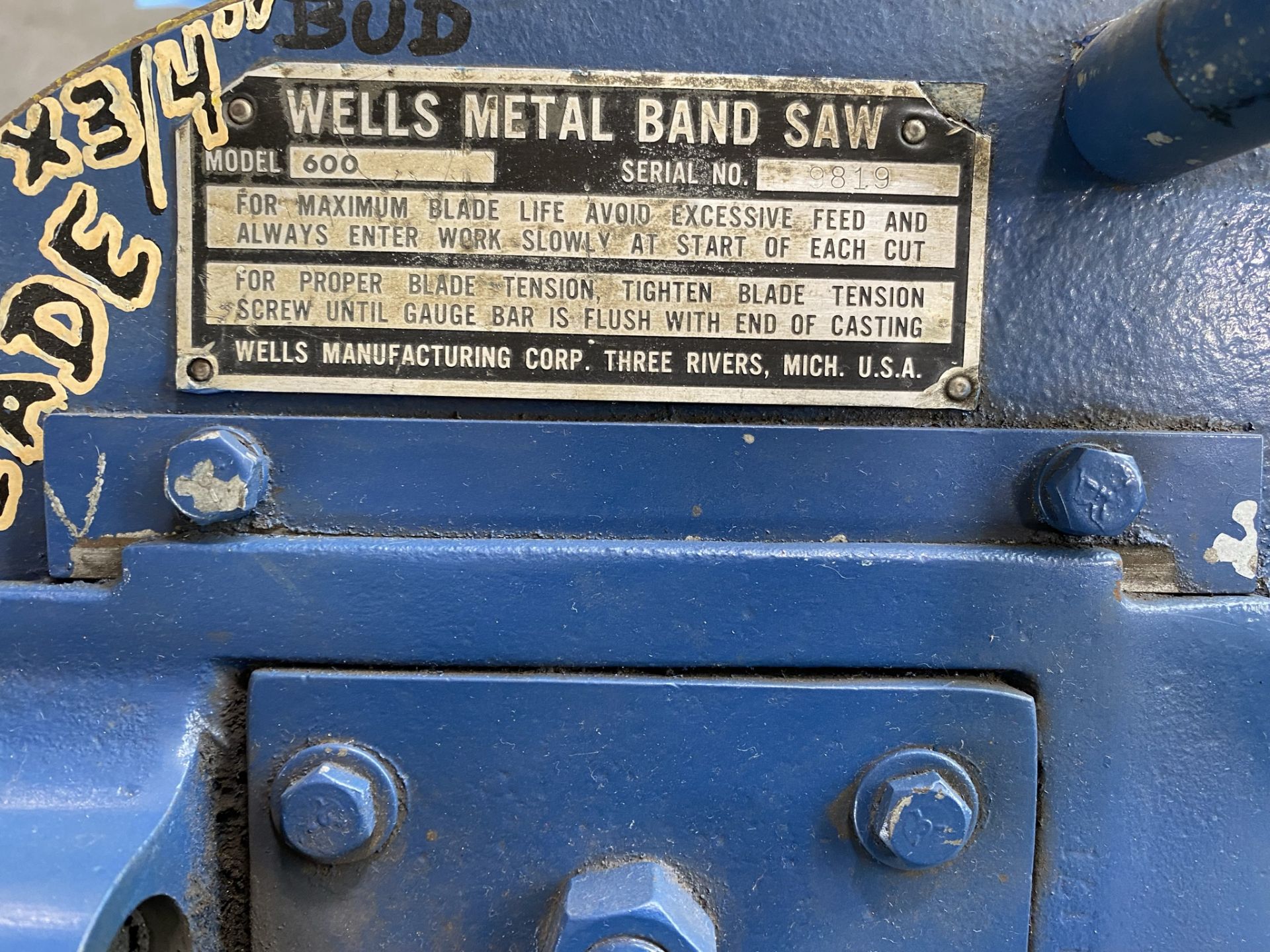 Wells 600 Bandsaw Serial # 819, 3/4" Blade (110 Volt) - Image 4 of 4