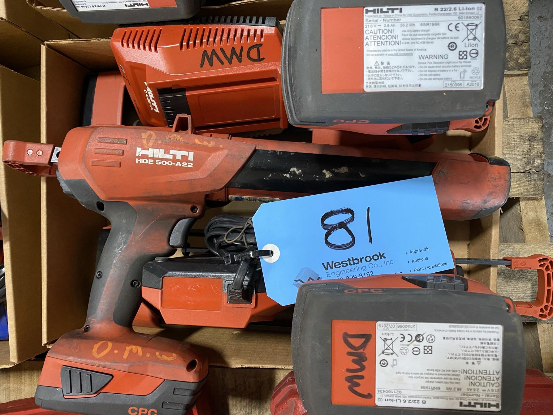 Lot of (3) Hilti HDE 500-A22 Power Epoxy Guns, (Cordless) includes batteries and 2 chargers