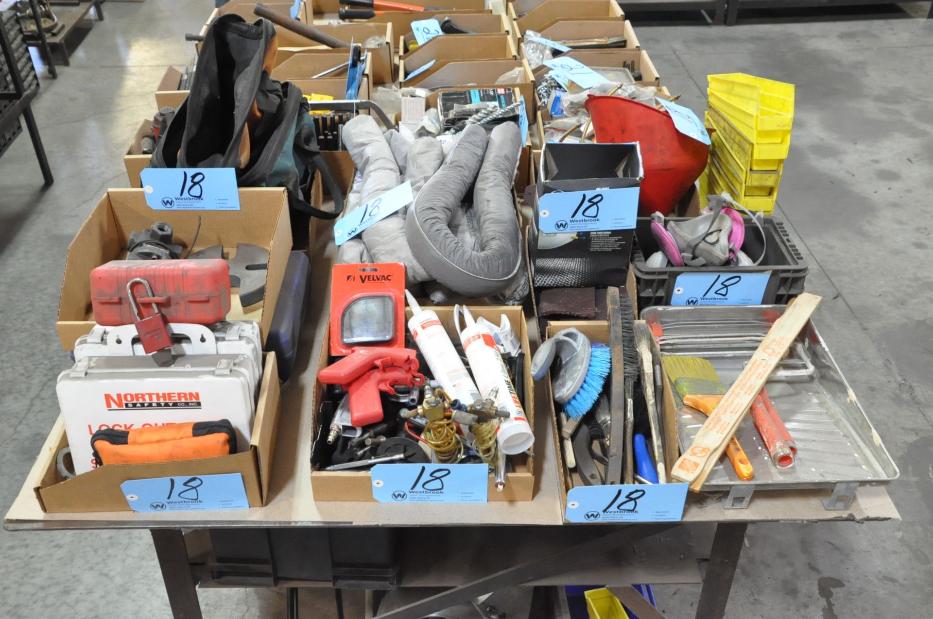 Lot-First Aid Supplies, Caulk, Brushes, Paint Tools, Respirators, etc. in (8) Boxes & (1) Bench