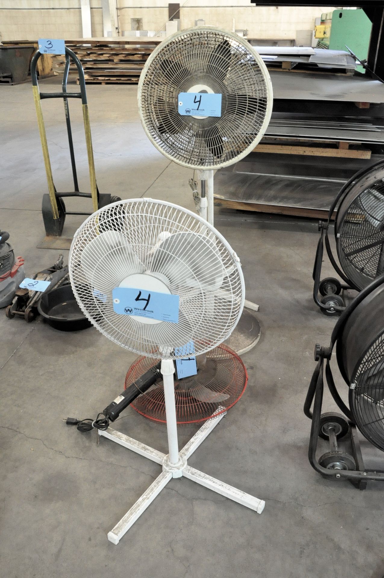 Lot-(3) Pedestal Office Fans and (1) Disassembled Fan in (1) Row