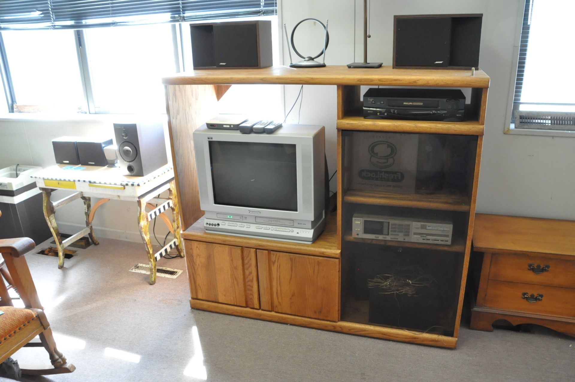 Lot-Entertainment Center with TV, Stereo Tuner, Speakers, Lamp, Table, Cedar Chest & 2-Door Cabinet