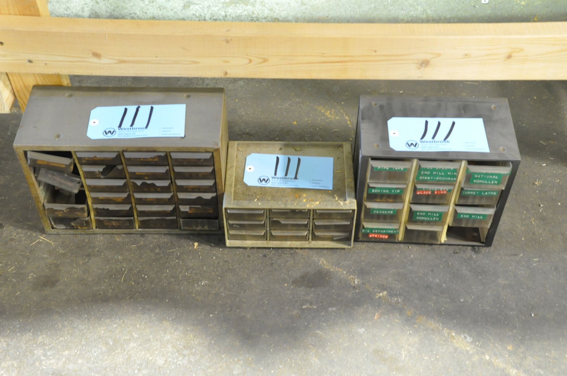 Lot-(3) Bin Cabinets with Misc. Contents on Floor Under (1) Bench