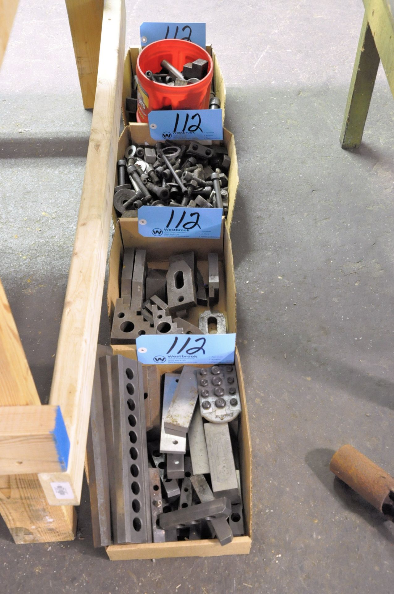 Lot-Various Setup Tooling and Hold Down Tooling in (4) Boxes Under (1) Bench