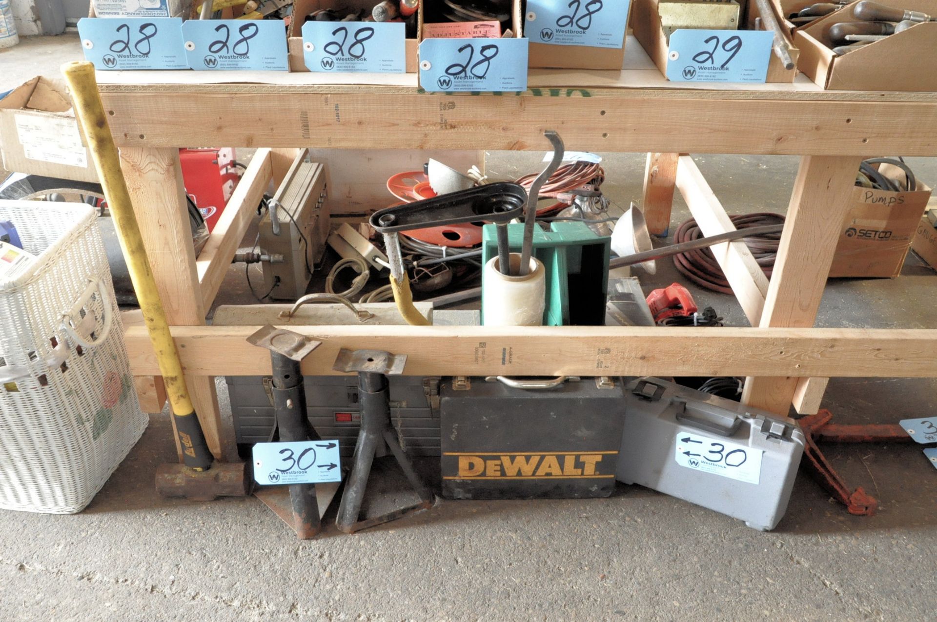 Lot-Tote Tool Boxes, Stretch Wrap, Sledge Hammer, Car Vac, and Jack Stands Under (1) Bench