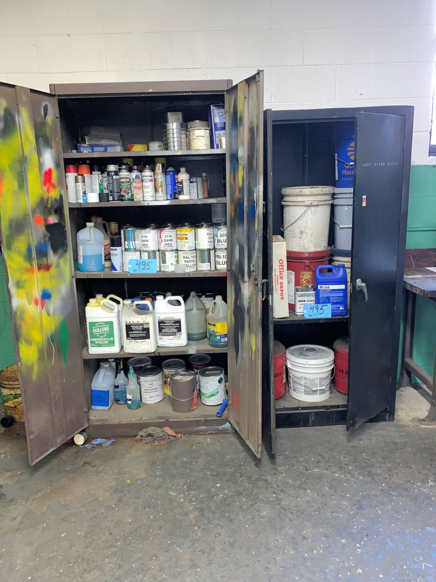 Lot-(2) 2-Door Supply Cabinets with Various Paints, Oils and Fluids