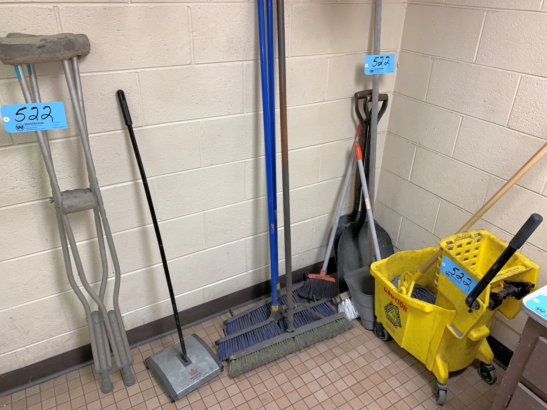 Lot-Cleanup Tools, Mop Bucket, Cabinet and Table, (Men's Room)