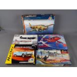 Heller, Italeri, Revell, Monogram, Airfix - Five boxed plastic model kits in various scales.