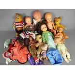 Kader, Schildkröte, Others - A collection of unboxed vintage dolls, soft toys, and dolls clothing.