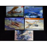 Roden, AFV Club, Eduard, Hasegawa - Five boxed plastic model aircraft kits in various scales.