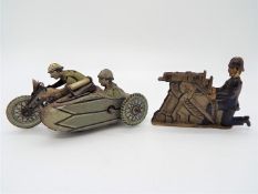 Unmarked, Kellerman - An unboxed and unmarked tinplate clockwork Military Motorcycle Combination.