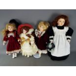 4 Dressed collectable unmarked, painted glass eyed dolls.