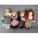 4 Collectable painted dolls with glass eyes (3 on stands).
