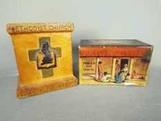 Two vintage charity collection boxes comprising Methodist Missionary Society and Methodist Church