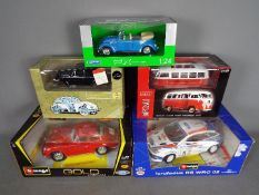 Bburago,Welly - Collection of 5 boxed cars in 1:24 and 1:18 scale including Bburago Ford Focus WRC,