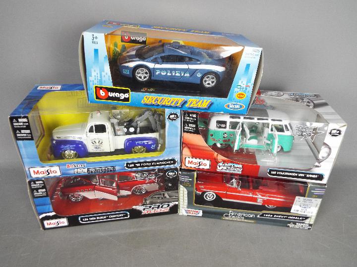 Maisto, Motor Max, Bburago - Five boxed diecast model cars.