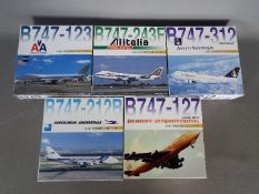 Dragon Wings - Five boxed diecast 1:400 scale model Boeing 747 aircraft in various carrier liveries