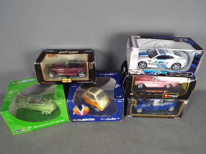 Maisto, Bburago, Revell, Teamsters - Six boxed diecast model vehicles in 1;24 and 1:18 scale.