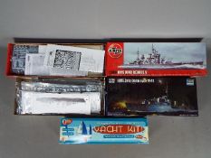 Trumpeter, Airfix, Lagoon - Two boxed plastic model ships with a lagoon Wooden Yacht Kit.
