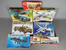 Airfix, Tamiya, Zvezda - A boxed grouping of plastic model kits in various scales.