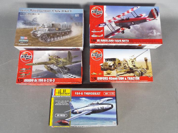 Airfix, Hobby Boss Heller - Five boxed plastic model kits in various scales.