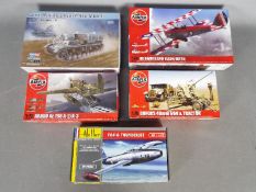 Airfix, Hobby Boss Heller - Five boxed plastic model kits in various scales.