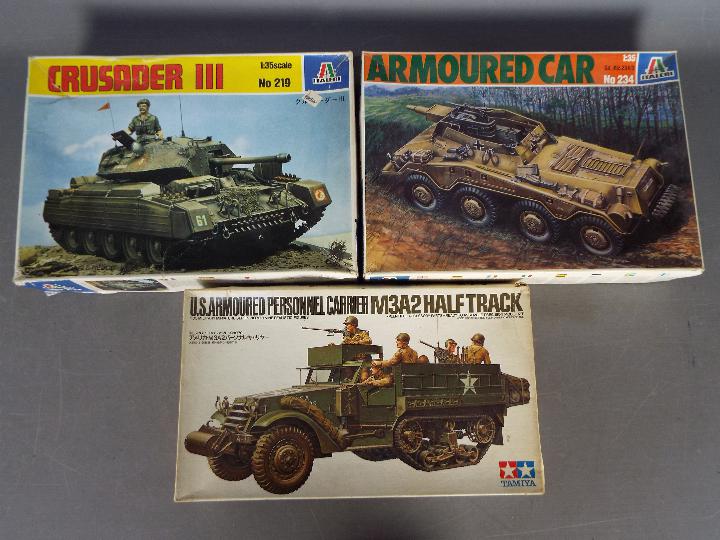 Italeri, Tamiya - Three boxed plastic military vehicle model kits in 1:35 scale.