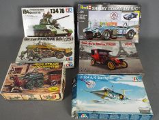 Revell, Airfix, Tamiya, ICM. Italeri - A boxed grouping of plastic model kits in various scales.