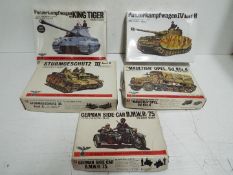 Five Bandai WWII German Panzertruppe / Pin Point series model kits. 1:48 Scale. No.