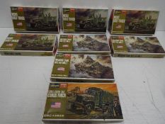 Eight Hasagawa WWII U.S. Army Mini Box series model kits. 1:72 Scale.