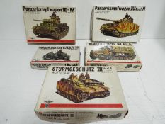 Five Bandai WWII German Panzertruppe / Pin Point series model kits. 1:48 Scale. No.