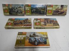 Hasegawa - 6 unmade 1:72 scale military model kits including # 9 Panther G, # 10 88mm Flak 18 Gun,