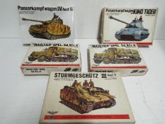 Five Bandai WWII German Panzertruppe / Pin Point series model kits. 1:48 Scale. No.