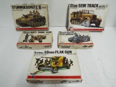 Five Bandai WWII German Panzertruppe / Pin Point series model kits. 1:48 Scale.