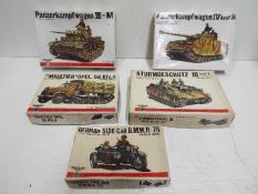 Five Bandai WWII German Panzertruppe / Pin Point series model kits. 1:48 Scale. No.