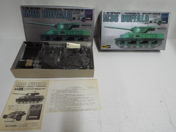 Mitsuwa Model - 2 boxed unmade 1:48 scale motorised remote control M36 Buffalo tanks.