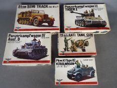 Five Bandai WWII German Panzertruppe / Pin Point series model kits. 1:48 Scale.