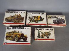 Five Bandai WWII German Panzertruppe / Pin Point series model kits. 1:48 Scale.