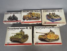 Five Bandai WWII German Panzertruppe / Pin Point series model kits. 1:48 Scale. No.