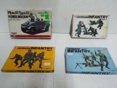 Four Bandai WWII German Panzertruppe / Pin Point series model kits. 1:48 Scale. # 8223 Pkw.