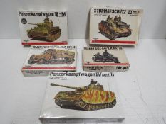 Five Bandai WWII German Panzertruppe / Pin Point series model kits. 1:48 Scale. No.