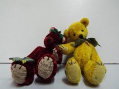 Wendy - Two jointed Teddy Bears. Hearts on chest, green bows and one green butterfly.