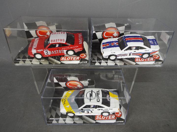 Sloter - 3 x Opel Manta 400 slot cars, # 430103 in Rothmans livery, # 9505 in Opel Team livery,