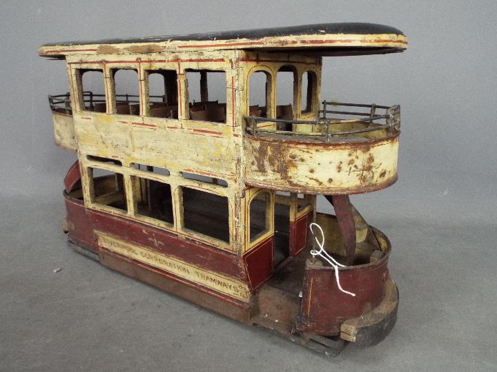 A scratch built wooden model of a double deck Liverpool Corporation Tramcar. - Image 3 of 5
