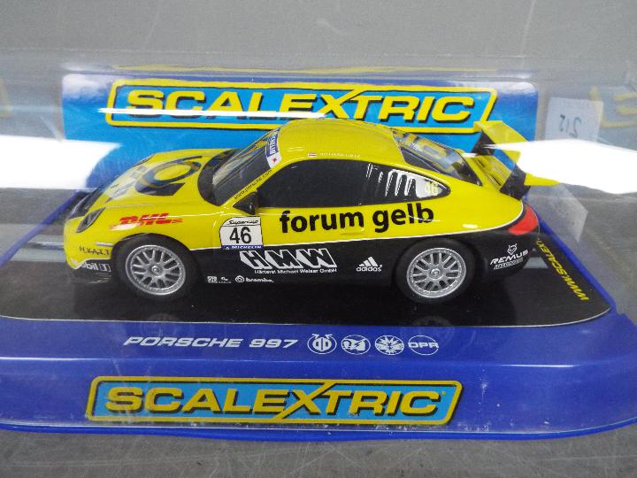 Scalextric - 3 x Porsche 997 slot cars # C3071 Top Gear model, # C3079 Forum Gelb, - Image 3 of 4