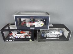 Norev - Maisto - 3 x boxed cars in 1:18 scale, Maisto AMG Mercedes CLK, Norev Mercedes AMG GT3,