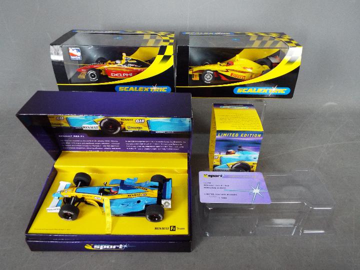 Scalextric - Renault R23 F1 car and 2 x Dallara Indy cars.
