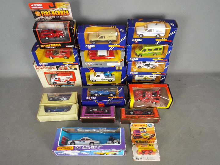 Corgi - Matchbox - A collection of 18 boxed / carded models including Matchbox # K-66 Jaguar Police