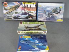 Airfix, Heller - Four boxed plastic model aircraft kits in 1:72 and 1:48 scale.