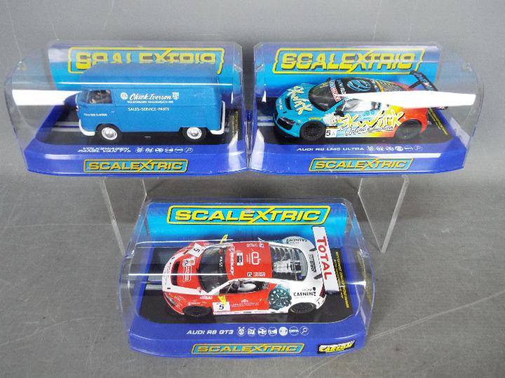 Scalextric - 1 x VW Panel Van and 2 x Audi R8 models, # C3645 Chuck Iverson van in matt blue,